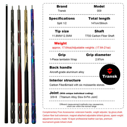 Transk Metal Carbon Fiber Pool Cue - with Full accessories and Box