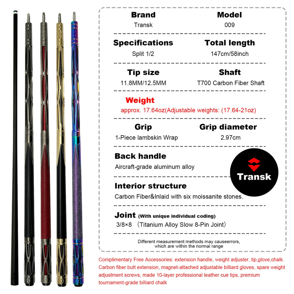 Transk Metal Carbon Fiber Pool Cue - with Full accessories and Box